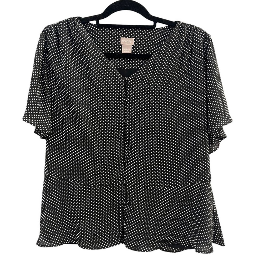 Chico's Peplum Flutter Sleeve Blouse Black White Polka Dot - Size 1
